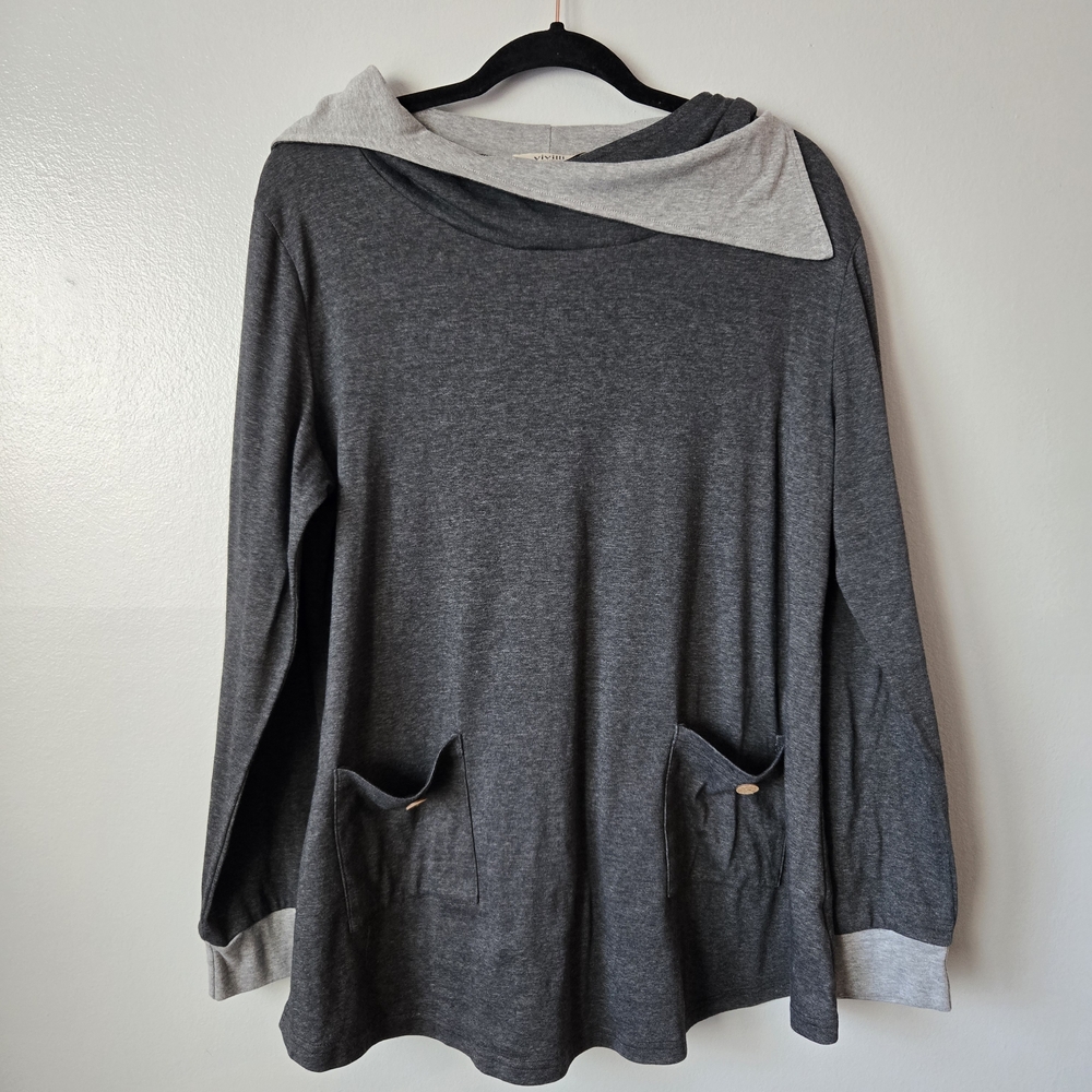 Vivilli Charcoal Grey Hoodie Tunic Cowl Neck Pullover Pocket Button Detail XXL
